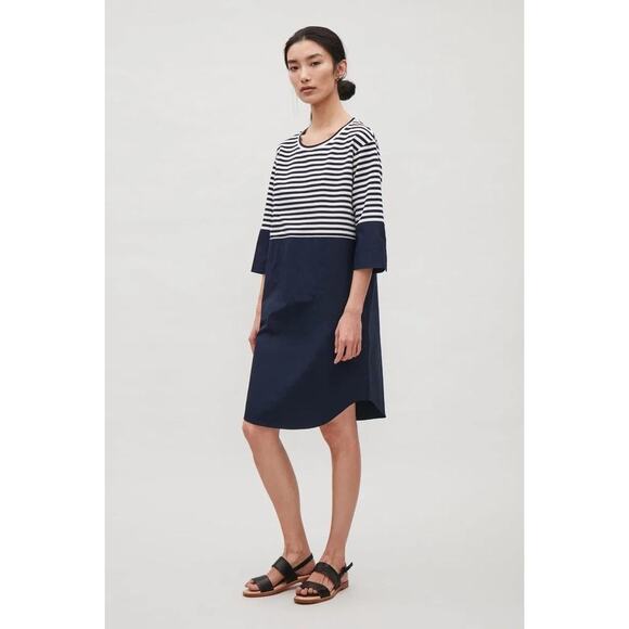 COS Size XS Knit Cotton Poplin Dress Navy Striped Shift Dress Minimalist - Picture 1 of 7